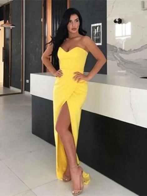 Women's Night-Out Clothes Elevated Style Simple Yellow Sweetheart Neck Satin Long Prom Dresses with Slit, cg5338