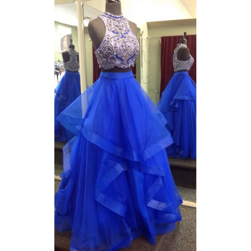 Women's Fashion Clothes Charming Silhouette High Neck Halter Blue Prom Dresses Two Pieces ,Crop Top Tiered Skirt Senior Graduation Formal Gowns