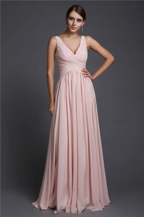 Women's Clothing For Outdoor Activities Chic Allure A-Line/Princess V-neck Sleeveless Long Ruffles Chiffon Bridesmaid Dresses