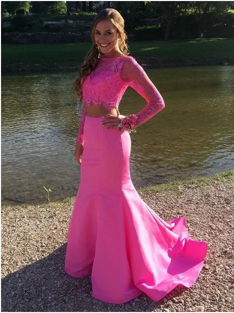 Women's Seasonal Wardrobe Clothing Limited - Stock Amazing Mermaid Long Sleeve Satin Lace Two Pieces Long Pink Prom Dress 2020,prom dress  cg8097