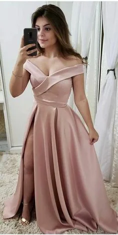 Women's Casual Garments Tropical Island - Inspired Attire Simple Pink Satin Side Slit Prom Dress Custom Made Off Shoulder School Dance Dresses Fashion Long Evening Party Dresses  cg6843