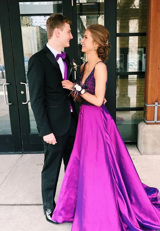 Women's Clothing With Trendy Designs Lightweight Fabric A-Line Satin Long purple Prom Dress with Beading    cg19332