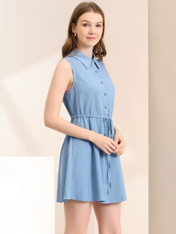 Fashion-Forward Women's Clothing Bold Patterns Sleeveless Point Collar Drawstring Waist Button Down Shirt Dress