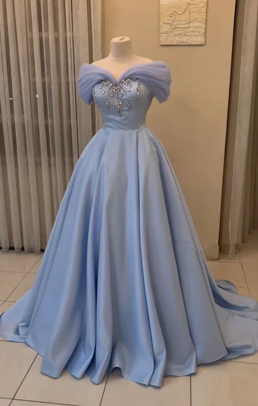 Women's Chic Outerwear Attire Casual Weekend Relaxed Style Pretty Ball Gown Off The Shoulder Blue Long Prom Dress Evening Dress With Beads C3698