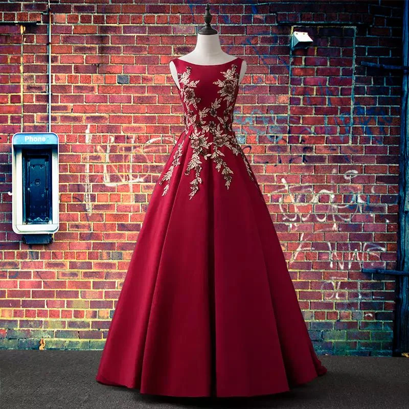 Women's Resort Apparel Today Only Elegant Satin Long Party Dress With Lace Applique, Dark Red Long Prom Dress   cg15679