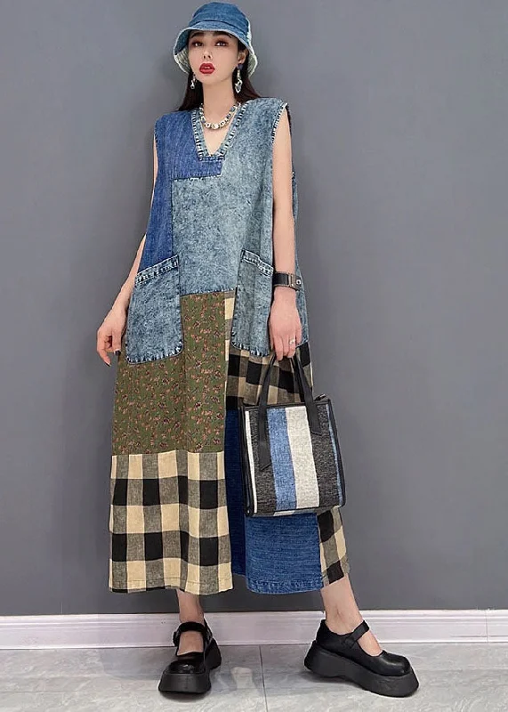 Women's Everyday Clothes Boho - Chic Festival - Ready Style Beautiful Blue V Neck Pockets Patchwork Plaid Cotton Denim Long Dresses Sleeveless