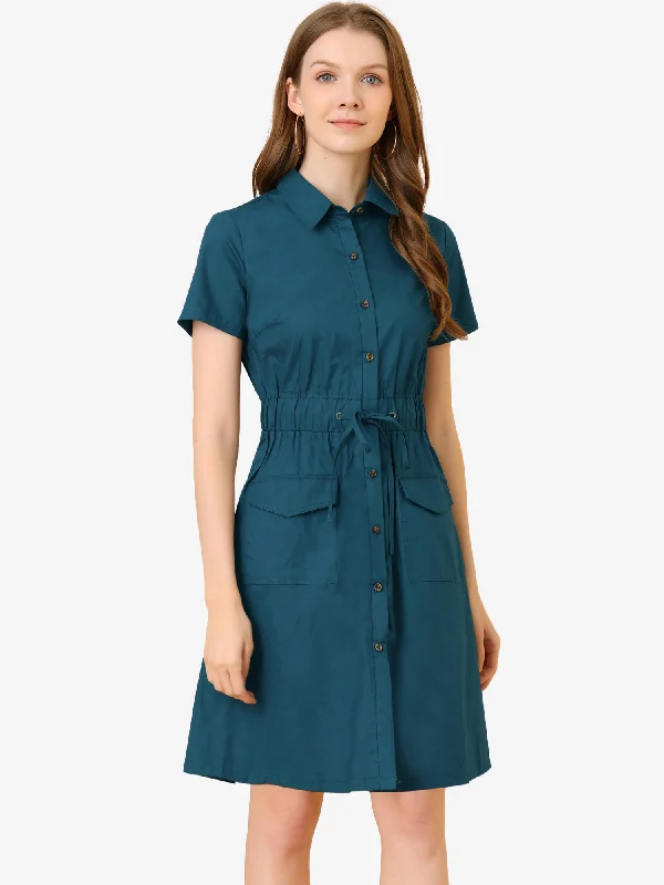 Vintage Clothing For Women Feminine Soft - Hued Look Cotton Button Down Lace-Up Collar Cargo Shirt Dress