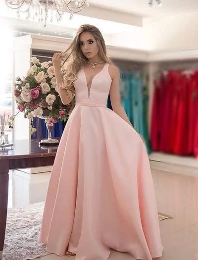 Women's Outdoor Attire Now on Sale for Chic Urban Styles Simple V Neck Pink Prom Dresses, Satin Long Formal Dresses  cg1720