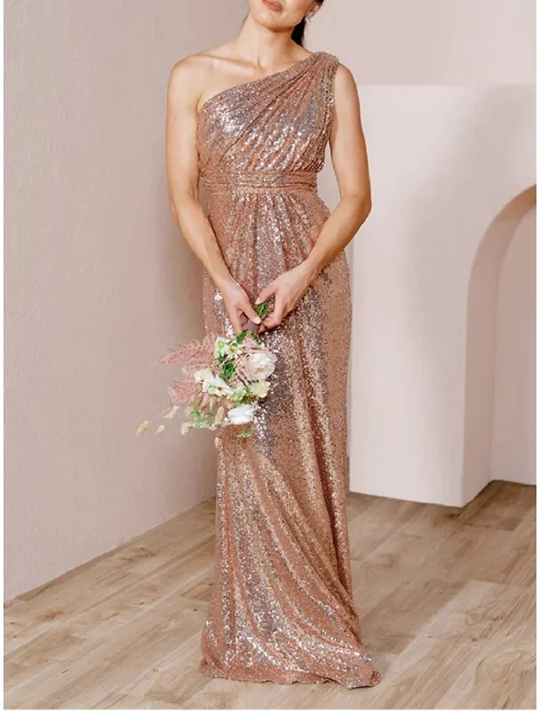 Women's Elegant Garments Final Clearance A-Line Bridesmaid Dress One Shoulder Sleeveless Glitter & Sparkle Sweep / Brush Train Sequined with Ruching