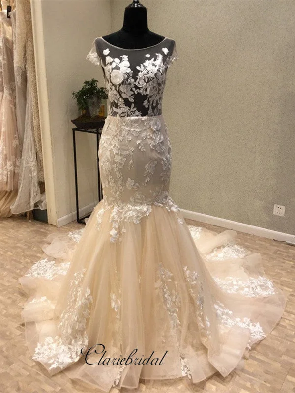 Women's Evening Attire Holiday Sale Cap Sleeves Mermaid Backless Sexy Lace Long Wedding Dresses