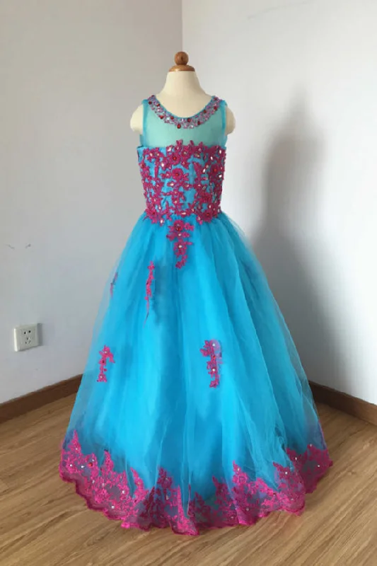 Women's Clothes For Work Events Today Only A Line Floor Length Blue Sleeveless Tulle Flower Girl Dress with Lace Applique F035