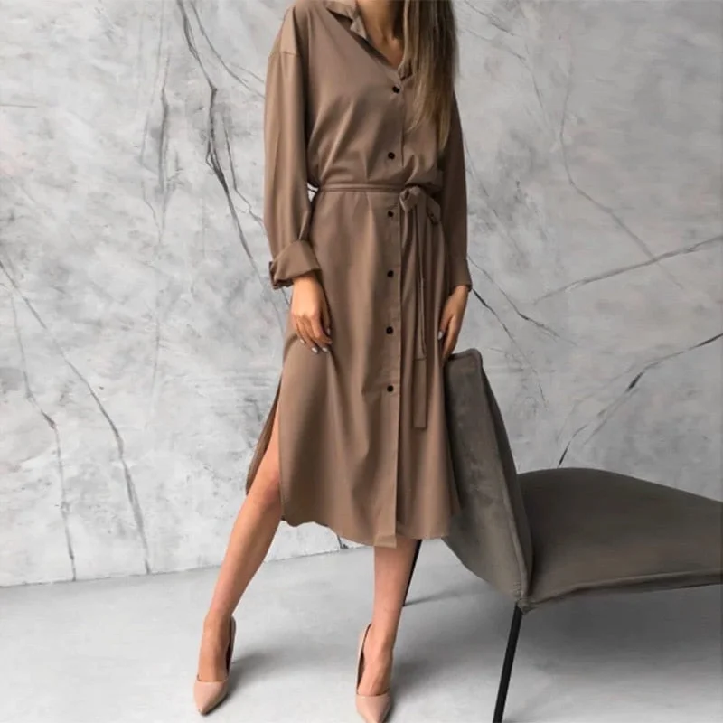 Women's Holiday Clothing Discounts on Casual Weekend Styles Dabourfeel Fashion Satin Casual Long Sleeve Midi Dress