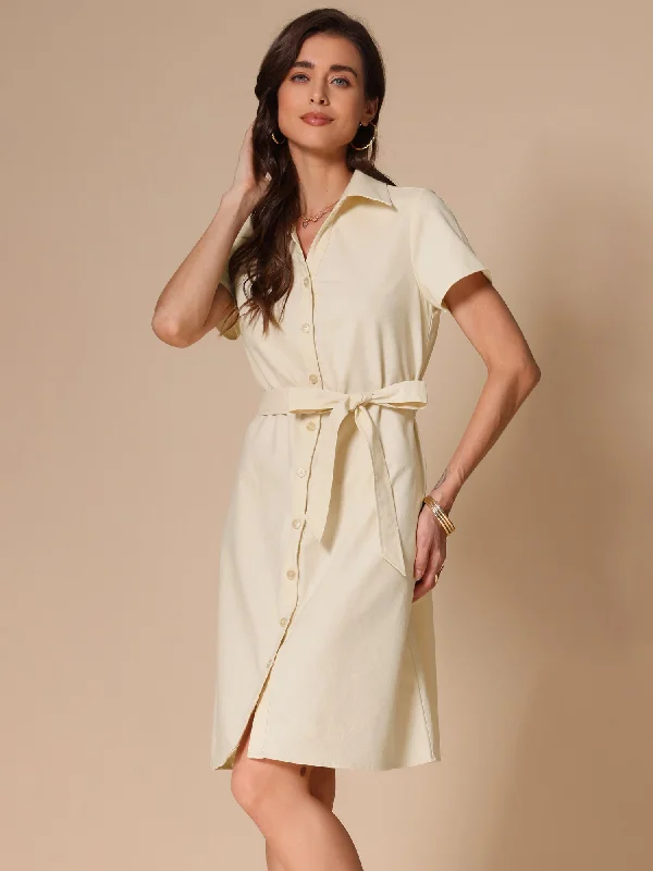 Women's Cozy Clothes Now on Sale for Chic Urban Styles Linen Cotton Short Sleeve Button Down Midi Shirt Dress