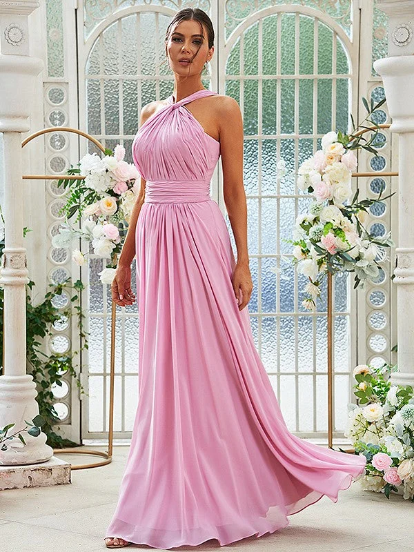 Women's High-End Clothing Ethnic Cultural Event Wear A-Line/Princess Chiffon Ruched Halter Sleeveless Floor-Length Bridesmaid Dresses