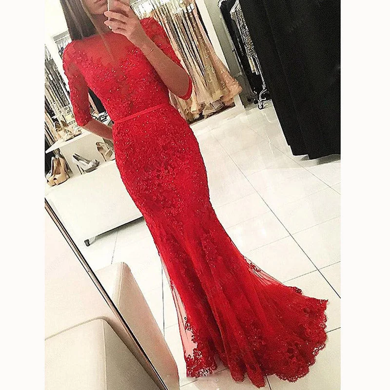 Comfortable Women's Clothes Coastal Beach - Inspired Style Trendy Red Lace Prom Dress Mermaid Red Formal Gown Mermaid Party Gown vestido longo