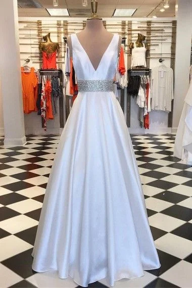 Women's Stylish Professional Garments Mid - Week Surprise V-Neck Floor-Length White Satin Prom Dress with Beading  cg6482