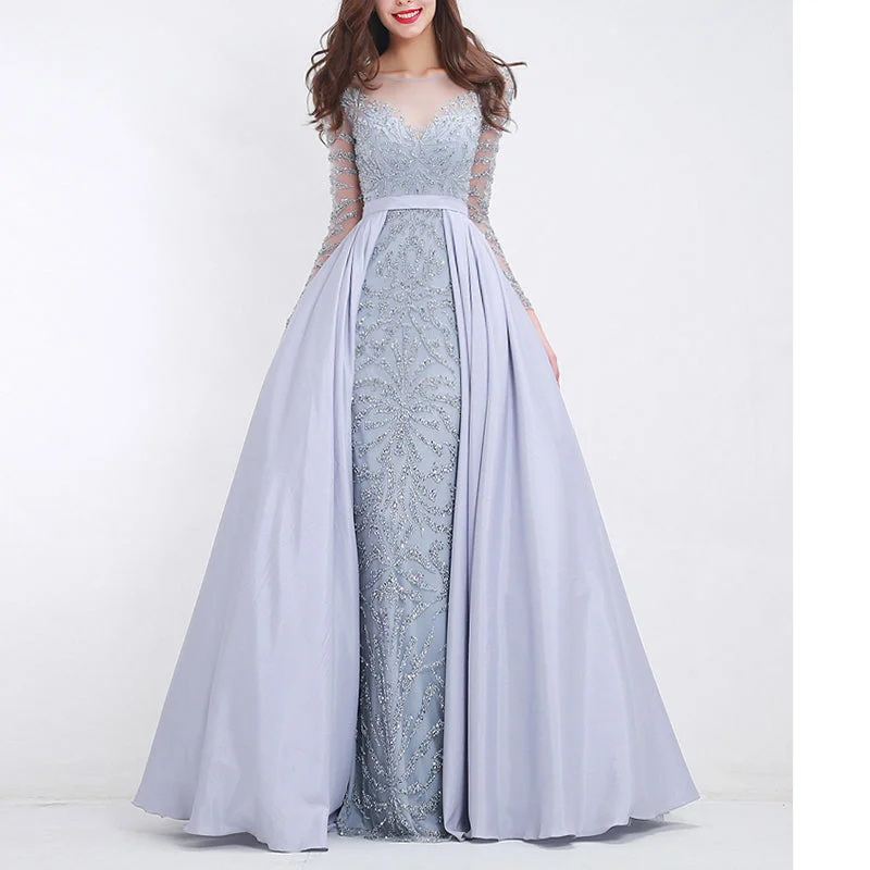 Women's Cozy Winter Attire Classic Timeless Elegant Style LP745 Luxury Attachable Train Sexy Heavy Beading Prom Dresses with Sleeves Formal Gown Pageant Dresses