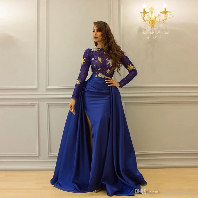 Women's Everyday Garments Last Chance Sale Luxury Royal Blue Beaded Stars Bling Bling Satin Floor Length Evening Dress Prom Dress    cg20164