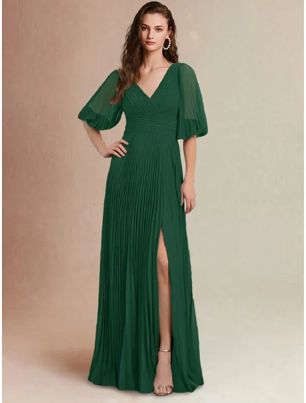 Women's Athletic Garments Classic Timeless Elegant Style A-Line Bridesmaid Dress V Neck Half Sleeve Elegant Floor Length Chiffon with Split Front / Ruching