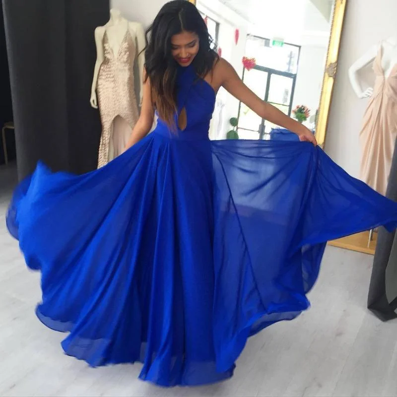 Plus-Size Women's Clothing Casual Weekend Relaxed Style Halter Royal Blue Long Evening Dresses Chiffon Prom Dresses Party Gown