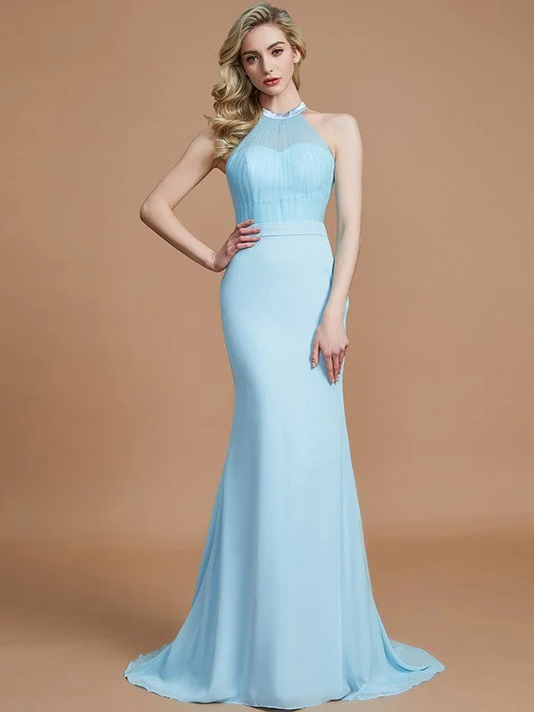 Women's Formal Clothes Early Access to Art Deco Styles Sale Trumpet/Mermaid Sleeveless Scoop Sweep/Brush Train Chiffon Bridesmaid Dresses