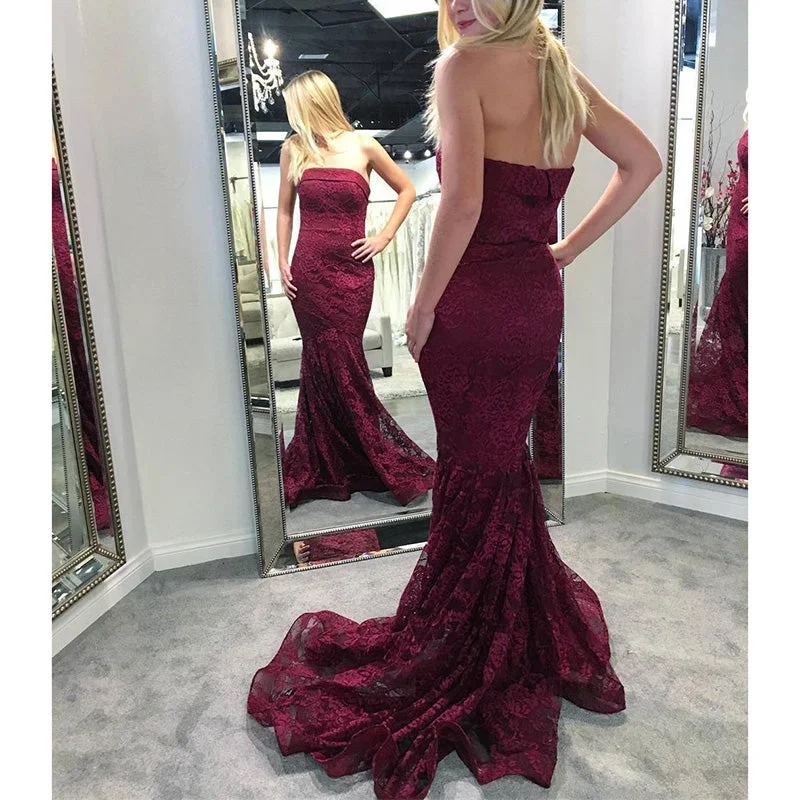 Women's Work Apparel Now on Sale for Chic Urban Styles Gorgeous Burgundy Lace Prom Dresses Strapless Mermaid formal outfits Evening Long Gown