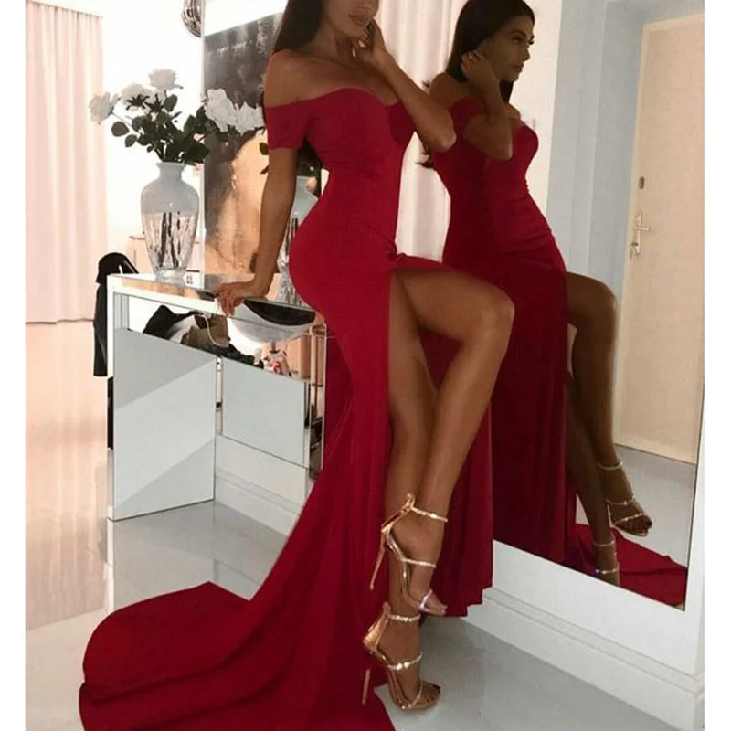 Women's Clothes And Apparel Last Chance Sale Intriguing Spandex Sheath Sexy Burgundy Prom Dresses Long Evening Party Gown Slit Leg 2020 Spring