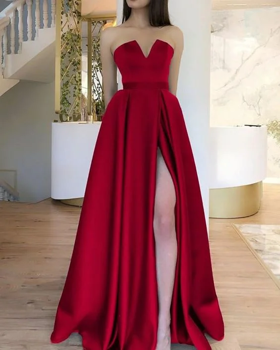 Stylish Outerwear Clothes For Women Casual Weekend Relaxed Style Strapless Prom Dress Floor Length Satin Evening Gown With Slit cg5174