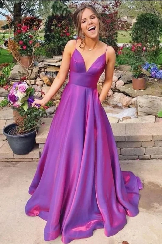 Women's Plus-Size Casual Outfit Sophisticated Cut A Line Grape Spaghetti Straps Satin V Neck Long Prom Dresses Backless Evening Dresses   cg14490