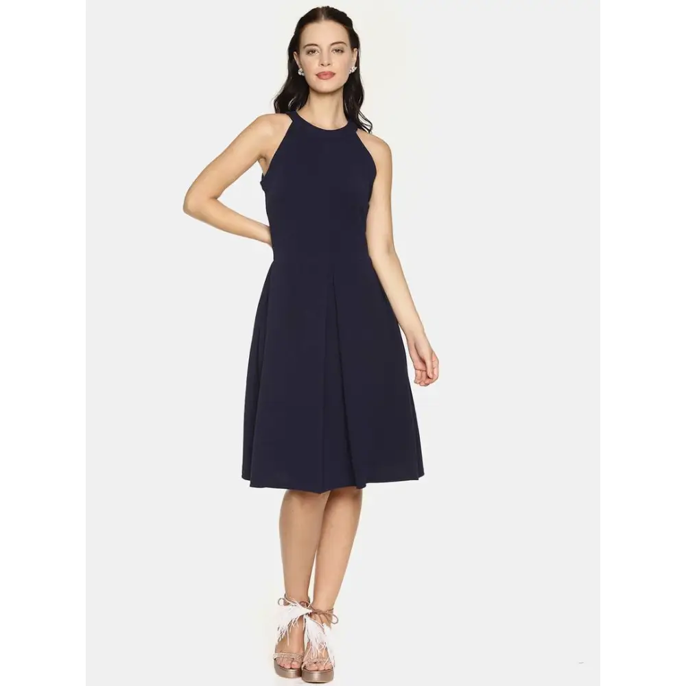 Women's High-Fashion Attire Elevated Style Stylish Polyester Navy Blue Solid Halter Neck Casual Sleeveless Dress For Women