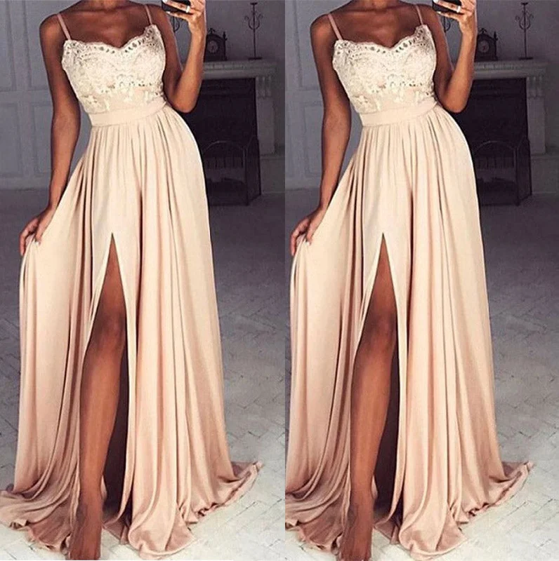 Women's Seasonal Clothing Cottagecore Rustic Charm Style Spaghetti Straps Sexy Slit Long Prom Dress with Lace Top,Formal Gowns with Straps