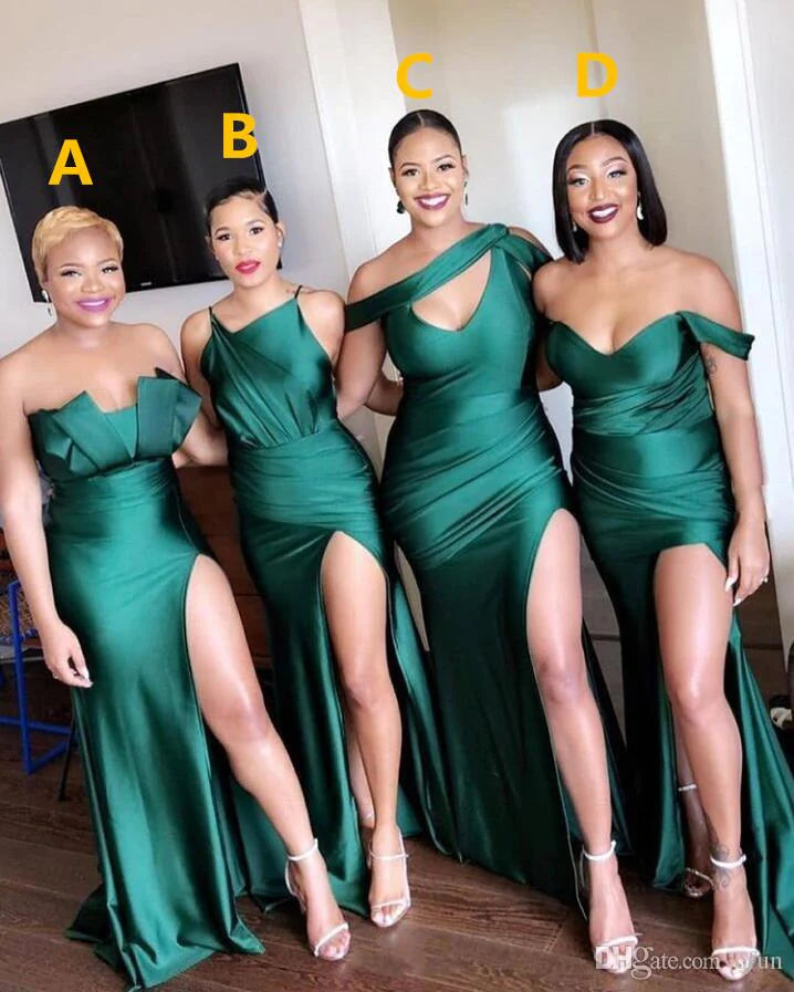 Women's Vacation Attire Mid - Week Surprise Elegant Mixed Mermaid Green Satin Side Split Bridesmaid Dresses