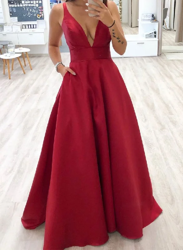 Women's Evening Outfit Big Savings on Minimalist Office Styles Simple red v neck satin long prom dress, evening dress cg3798