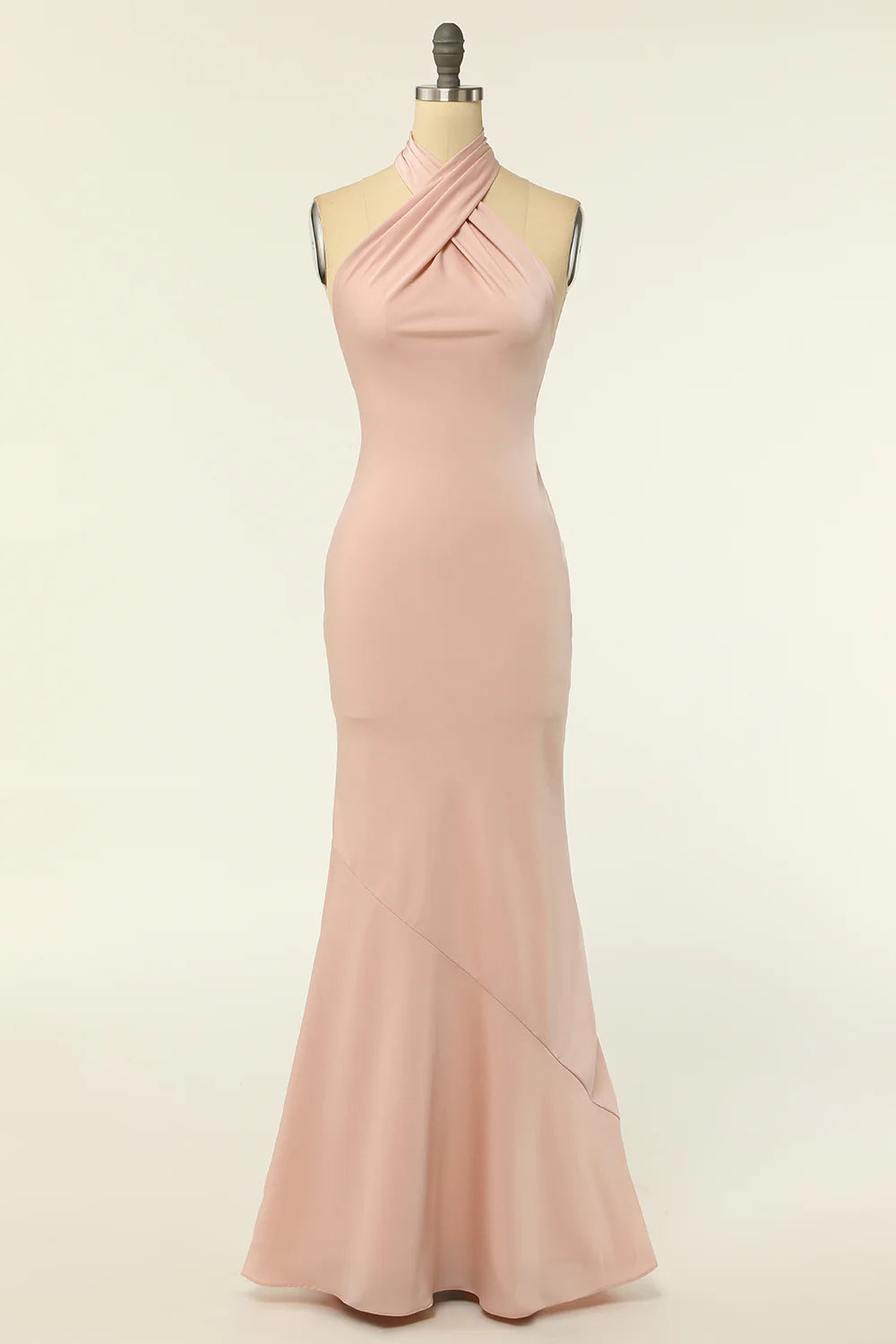 Women's Clothing For Casual Outings Feminine Soft - Hued Styles Mermaid Halter Blush Long Bridesmaid Dress with Backless