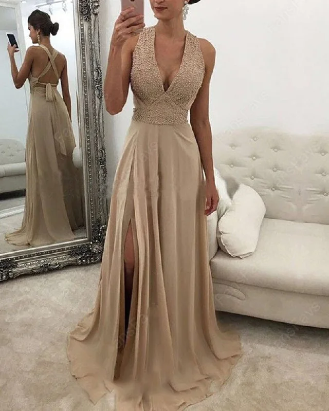 Casual Clothes For Women Chic Urban Fashion Look Champagne Halter Beading Long Evening Dresses Party Gown with slit PL8850