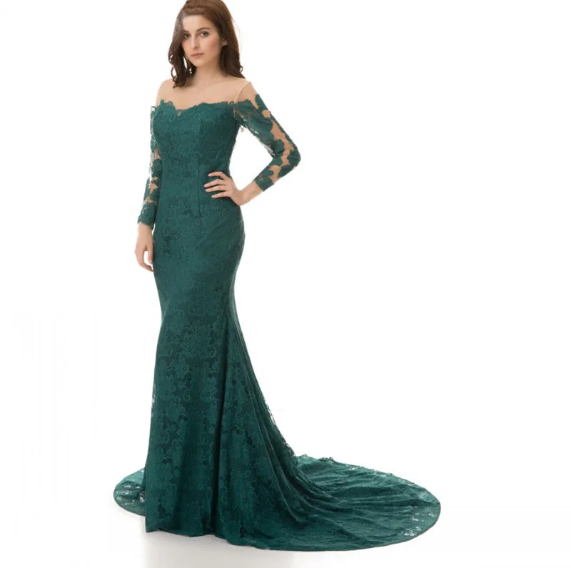 Comfortable Women's Attire Bold Patterns LP5513 Dark Green  Long Sleeves Vintage Evening Dress Lace Fitted Formal Gown 2018 Prom