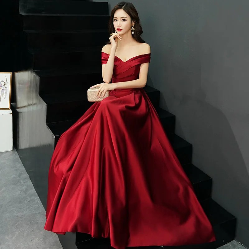 Modern Women's Clothes Effortless Sophistication BURGUNDY V NECK SATIN LONG PROM DRESS, BURGUNDY EVENING DRESS   cg15414