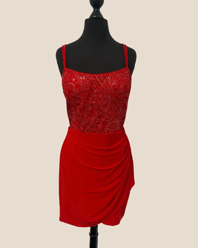 Women's Evening Apparel Last Chance Sale Straps Red Appliques Ruched Bodycon Short Dress