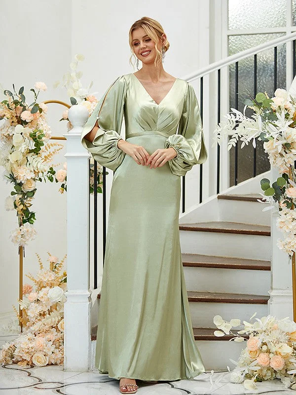 Chic Women's Outfit Classic Timeless Elegant Style Sheath/Column Silk like Satin Ruched V-neck Long Sleeves Floor-Length Bridesmaid Dresses