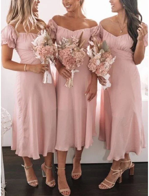 Women's Vintage Garments Feminine Soft - Hued Styles Sheath / Column Bridesmaid Dress V Neck Short Sleeve Pink Tea Length Stretch Chiffon with Ruching / Solid Color