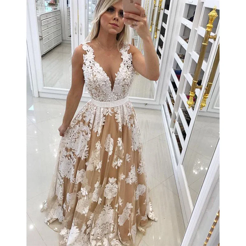 Women's Festive Attire Art Deco Geometric Pattern Look LP5468 Vestido De Festa V Neck Ivory  lace Champagne A Line Prom Dress Long Party Gown 2018