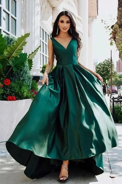 Women's Vacation Attire Great Deals on Ethnic Cultural Wear V-neckline eveing dress Dark Green Prom Dresses with Satin Skirt v-neck party dress cg1829