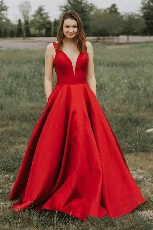 Women's Seasonal Garments Coastal Beach - Inspired Style Simple A-Line V-Neck Satin Long Cheap Red Prom Dresses   cg6959