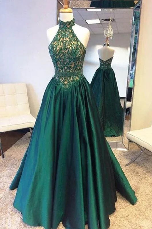 Affordable Women's Outfit Alluring Design Halter Beaded Bodice A Line Satin Sweep Train Prom Dresses  cg6860