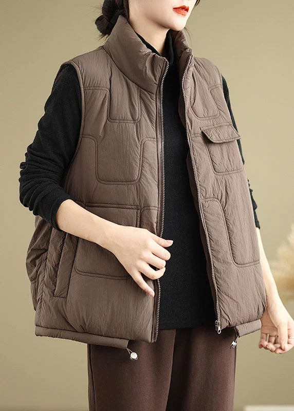 Women's Seasonal Clothes Alluring Design Coffee Patchwork Fine Cotton Filled Vest Zip Up Stand Collar Sleeveless