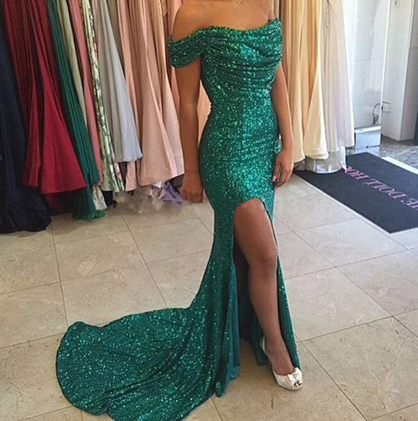 Women's Clothing For Holiday Travel Grab Romantic Date - Night Styles Now Sexy Off the Shoulder Long Evening Dress Sequins Party Gown with split