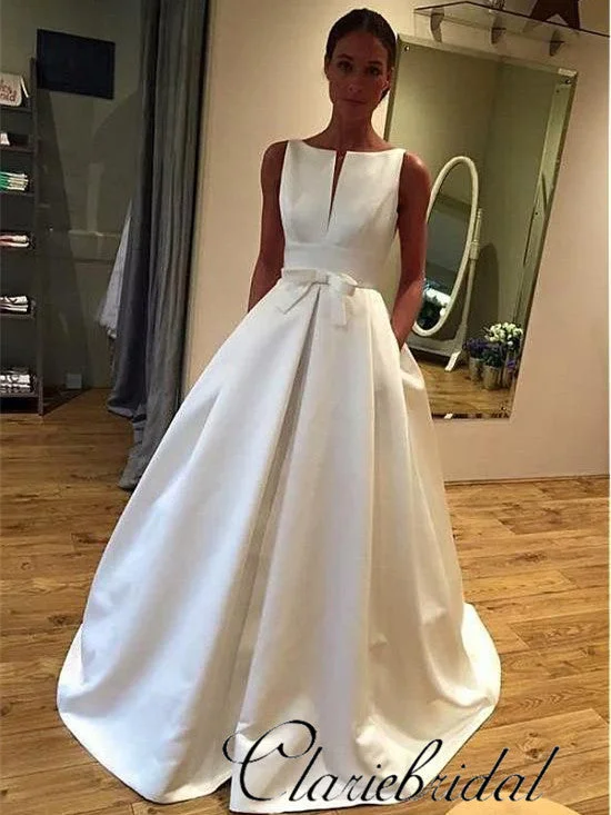 Women's Athletic Garments Hollywood Glam Award - Show Style Simple Elegant Satin A-line Wedding Dresses With Bow Knot, Bridal Gown