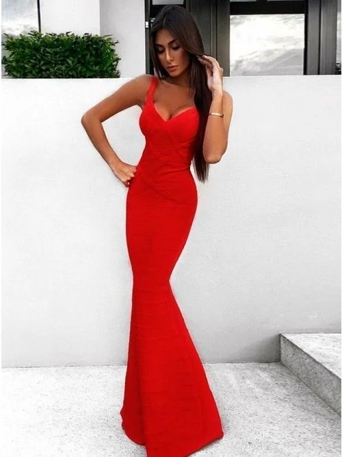 Women's Party Clothes Romantic Detailing Mermaid Sleeveless Sweep Train Red Stretch Satin Prom Dress Fashion Dress Cheap Prom Gown cg5362