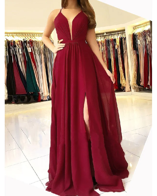 Women's Transitional Clothes Bold Patterns V Neck Burgundy Prom Dress 2019 with Slit with Spaghetti Straps Long Party Gown