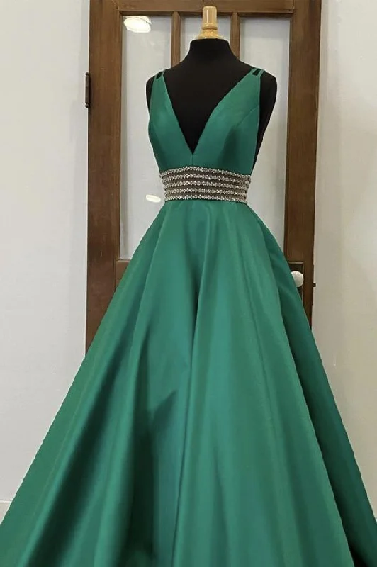 Women's Workout Garments Flash Deals Green v neck satin long prom dress evening dress   cg15935